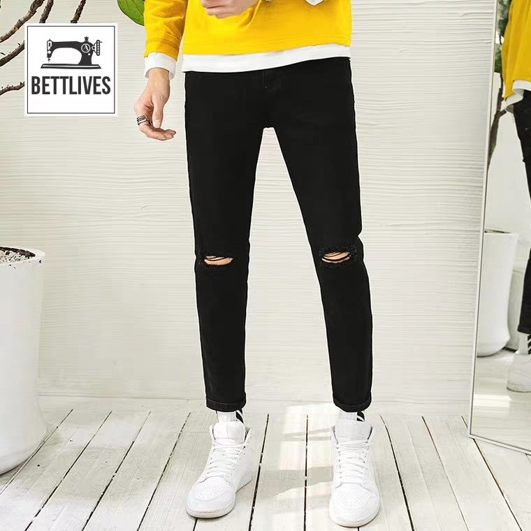 Quần Jean Nam Đen Rách Gối Chất Bò Dày Dặn Vải Co giãn Cầm Nặng Tay Form Slimfit 303