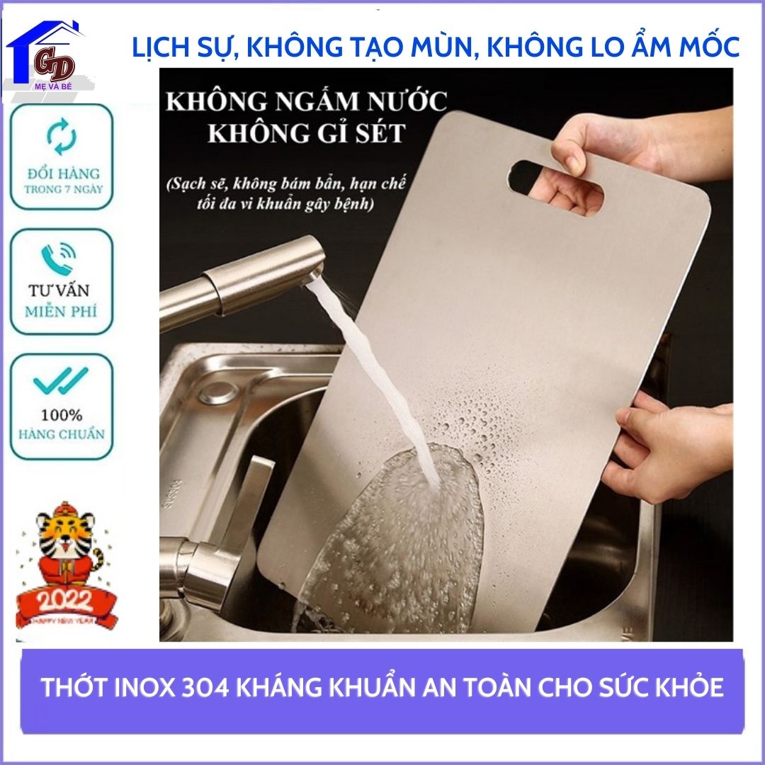 Thớt inox 304 cao cấp dày 2mm kháng khuẩn, chống ẩm mốc, không xước dăm, không mùn gỗ, vệ sinh dễ dàng, rã đông nhanh, an toàn, tiện dụng