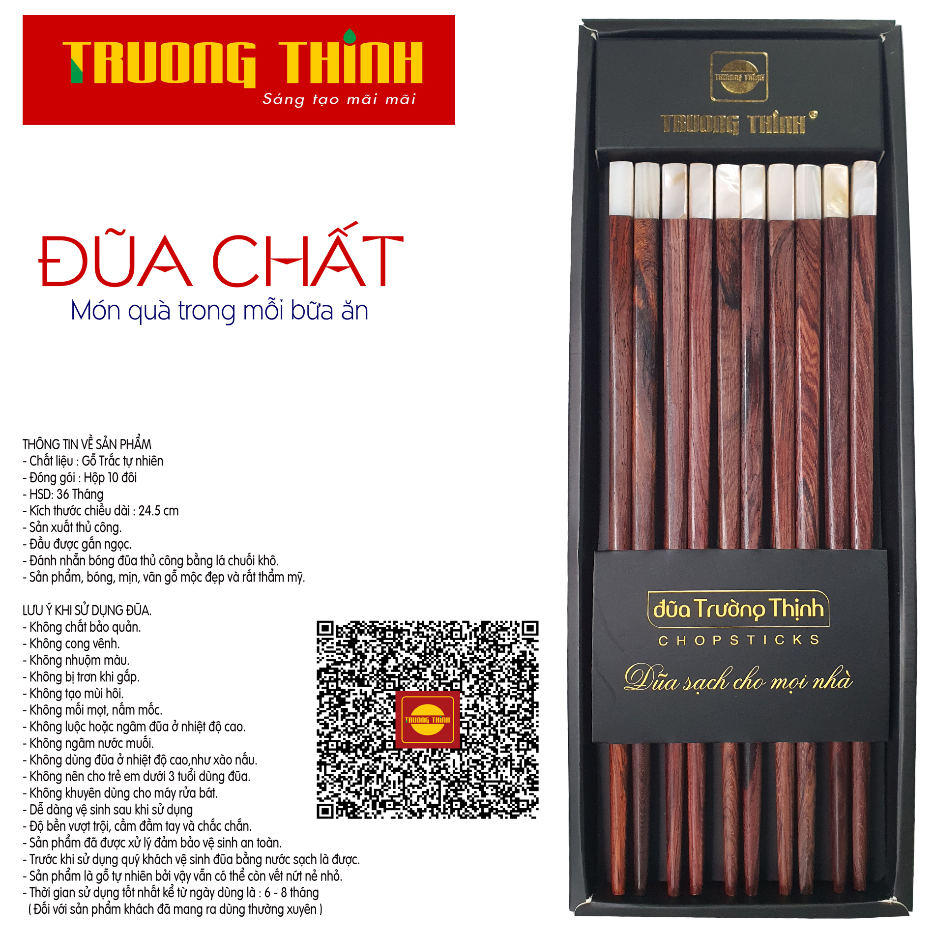 Đũa gỗ trắc vân đầu gắn ngọc trắng - hộp màu đen - 10 đôi vuông