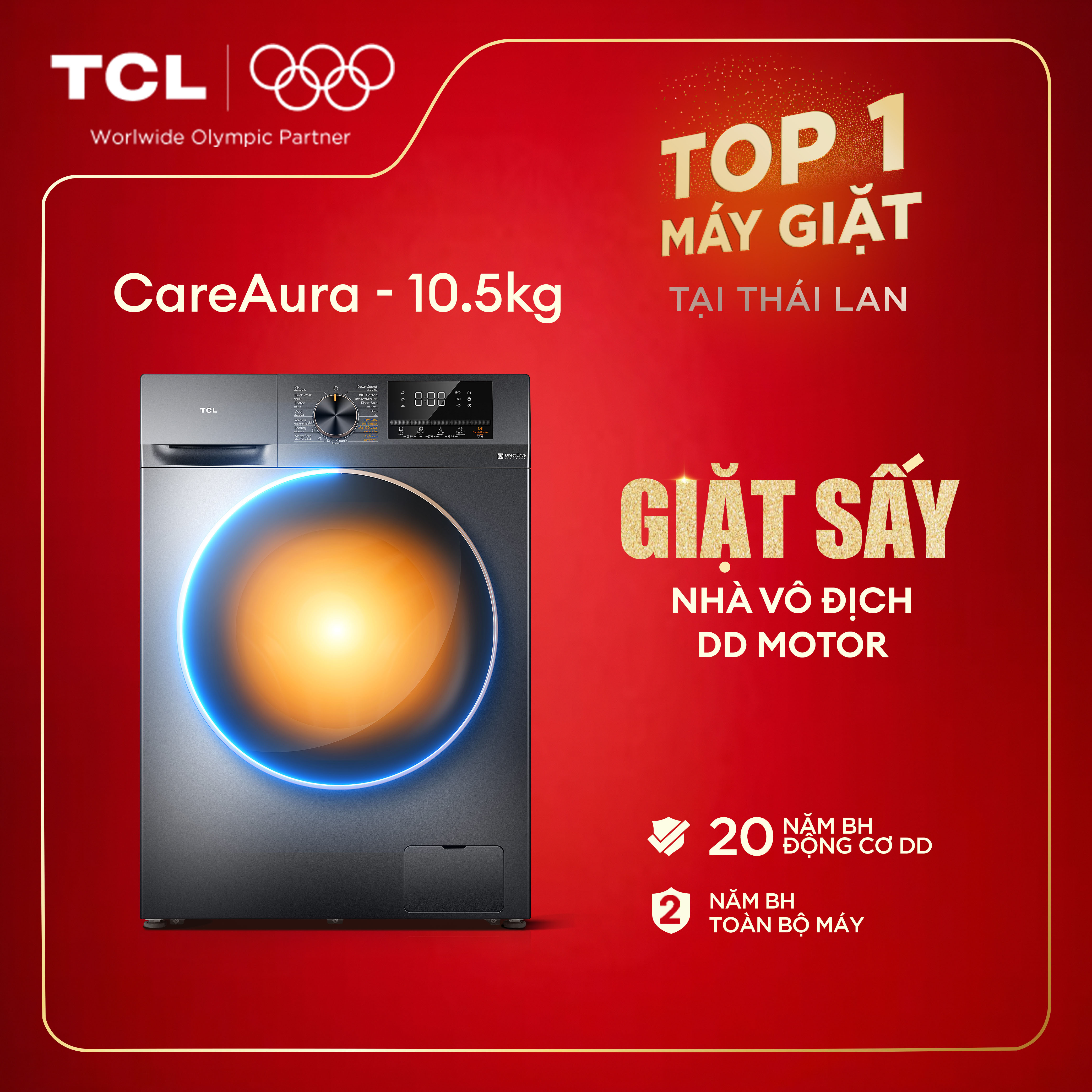  【Miễn Phí Lắp Đặt Cơ Bản Toàn Quốc Máy giặt sấy TCL Care Aura 10.5KG - Động Cơ DD Inverter Cao Cấp - TCL TWD105-P122DG - Máy Giặt Sấy Cửa Trước 