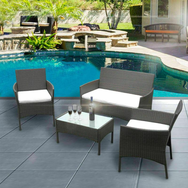 RATTAN GARDEN FURNITURE SET 4 PIECE CHAIRS SOFA TABLE OUTDOOR PATIO CONSERVATORY - GARDEN FURN