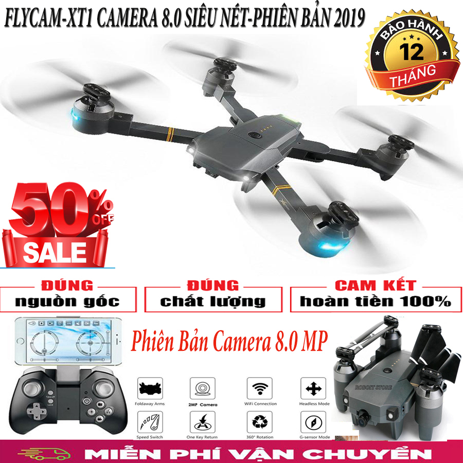 Flycam giá rẻ, Flycam Full Hd XT1 Cao Cấp Hiện Đại 4 Cánh Dễ Dàng Gấp Gọn, Camera 8.0 MP, Wifi 720P, Tự Quay Về Khi Hết Pin, Chống Rung Quang Học, Động Cơ Mạnh Mẽ, Không Đầu Đuôi Nhào Lộn 360 Độ, Bảo Hành 1 Đổi 1 Toàn Quốc.