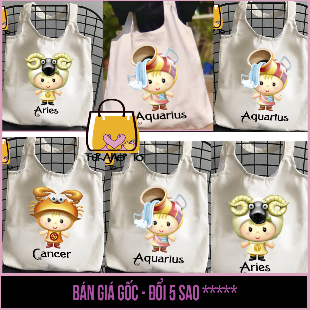 Túi tote Túi vải Túi canvas QUAI TRÒN có khóa kéo in hình 12 CUNG HOÀNG ĐẠO (bạch dương, kim ngưu, song tử, cự giải, sư tử, xử nữ, thiên bình, thiên yết, bảo bình, song ngư, nhân mã, ma kết)- Túi Mơ To store