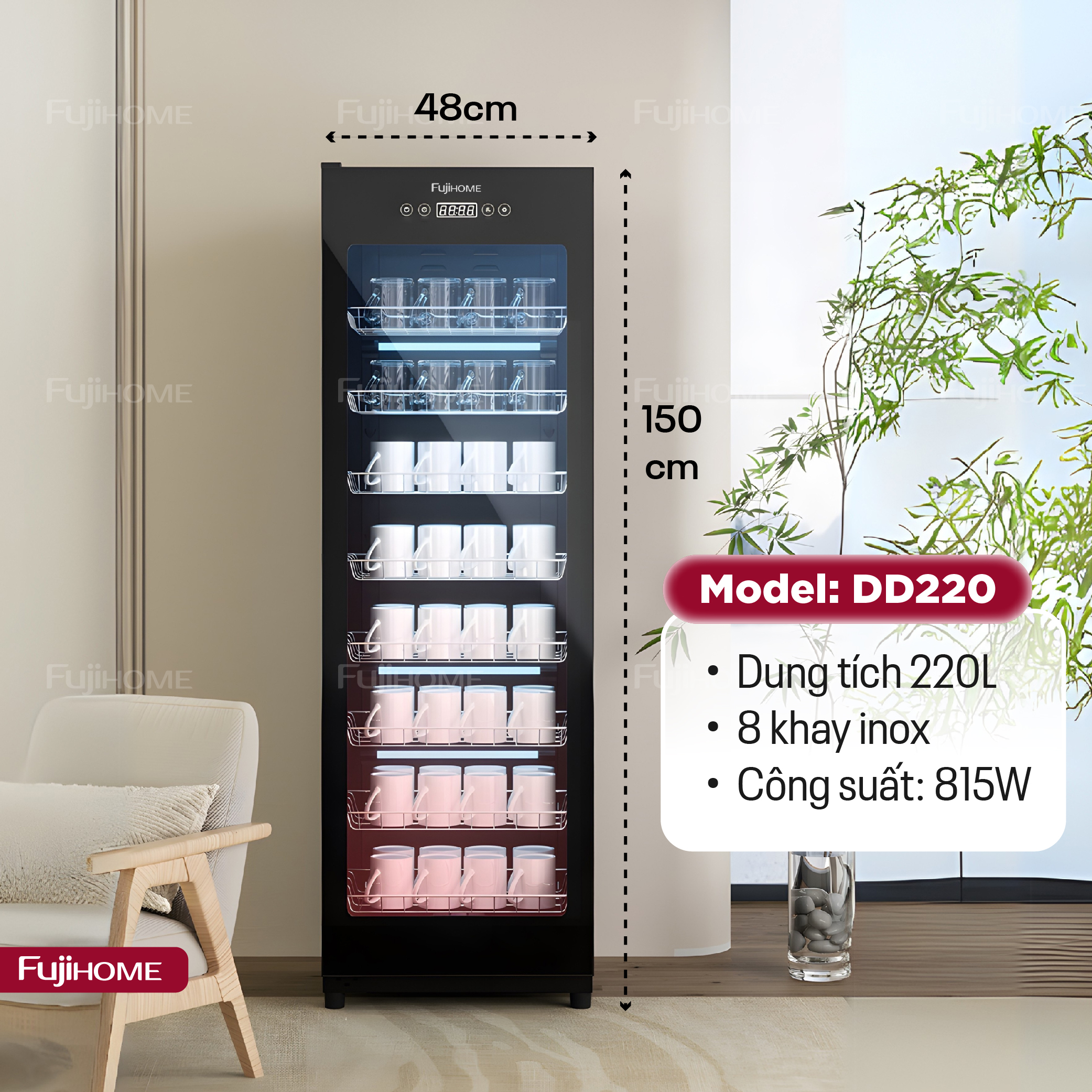 Tủ sấy khử trùng bát đĩa UV+Ozone FUJIHOME DD220 công nghệ tiên tiến - BH 24 tháng, dung tích 220L