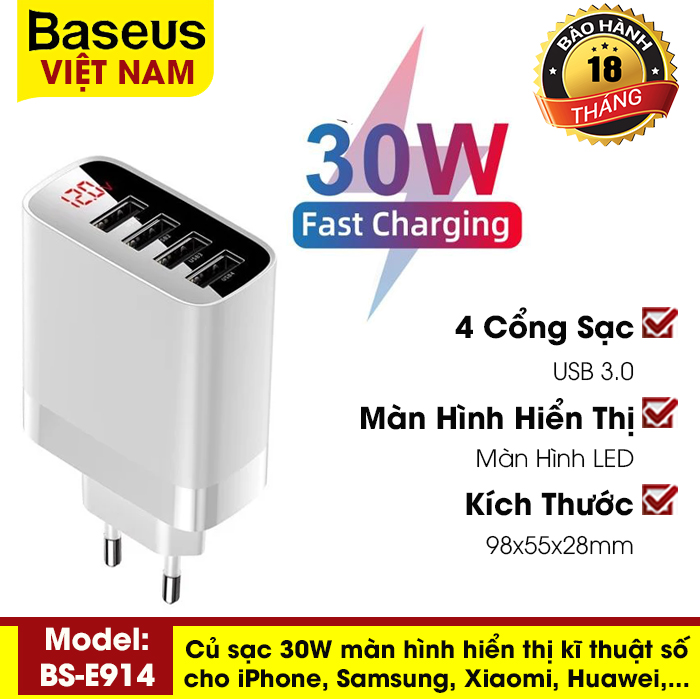 Củ sạc 30W 4 cổng USB, màn hình đèn LED hiển thị kĩ thuật số, sạc cho Iphone 11, Xiaomi, Redmi, Note 8 Pro, Samsung s10 Plus, Máy tính bảng - Thương hiệu Baseus - Phân phối bởi Baseus Vietnam