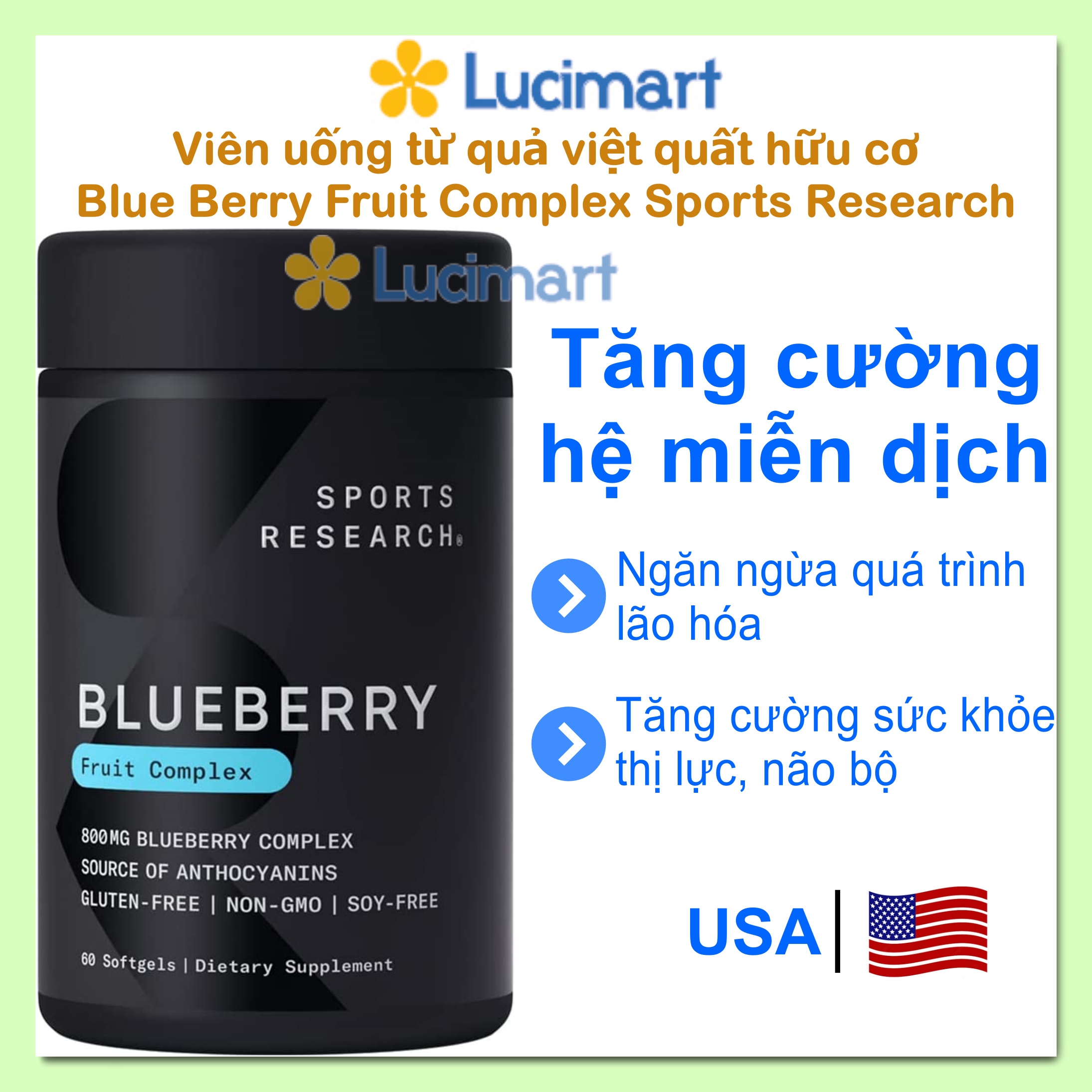 Viên uống từ quả việt quất hữu cơ Blueberry Fruit Complex Sports Research hũ 60 viên mềm [Hàng Mỹ hạn dùng 2026]