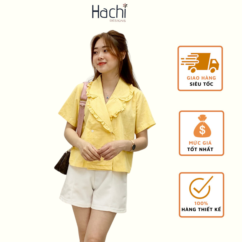 Áo sơ mi kẻ sọc caro dáng croptop, cổ vest ngắn tay hàng thiết kế Hachidesigns