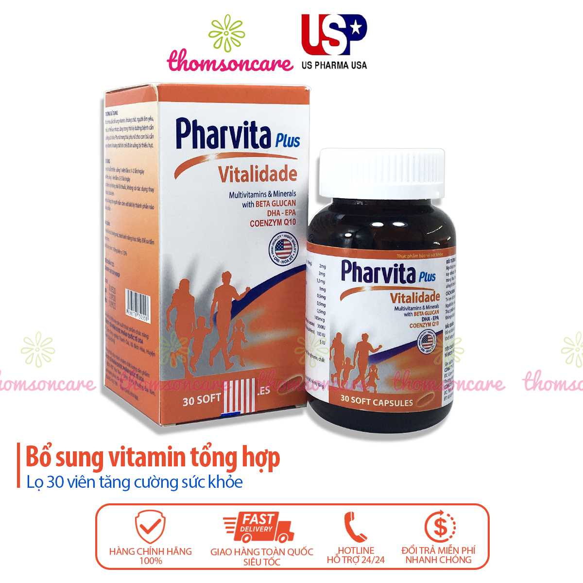 vitamin tổng hợp Pharvita Lọ 30 viên có thêm Beta Glucan, DHA và Coenzym