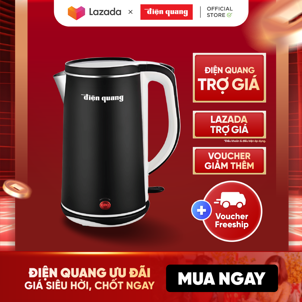 Ấm đun nước cao cấp Điện Quang ĐQ EKT11 1818 BL (1800W, 1.8L, inox 304, vỏ 2 lớp, màu đen)