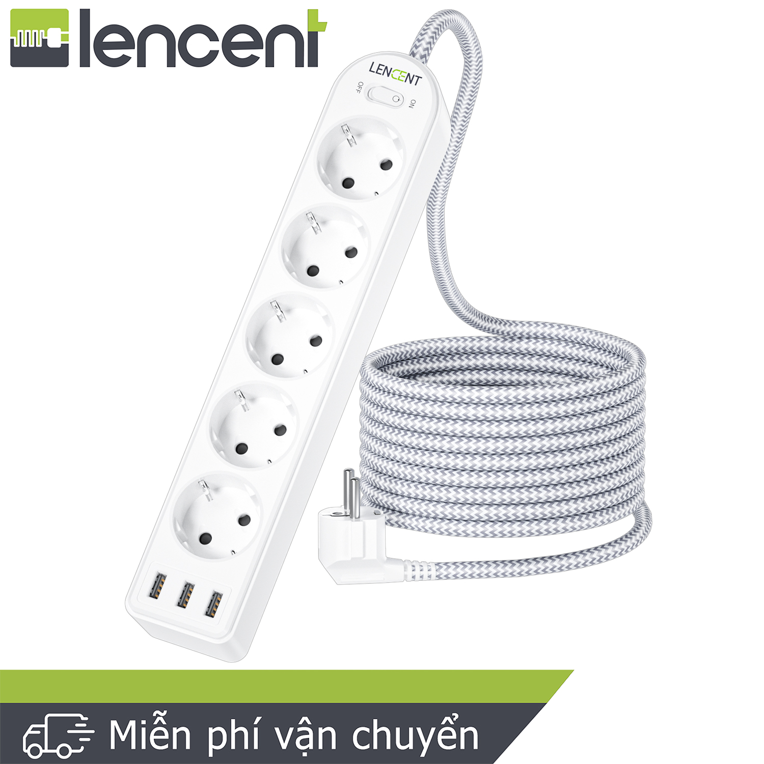 Bộ bảo vệ chống sét lan truyền LENCENT 8 trong 1 với ổ cắm AC 5 chiều và 3 cổng USB Ổ cắm điện dải nhiều ổ cắm Nhiều phích cắm 4000W 16A với 3 bộ phân phối ổ cắm USB với công tắc Cáp bện 2M cho ổ cắm tường