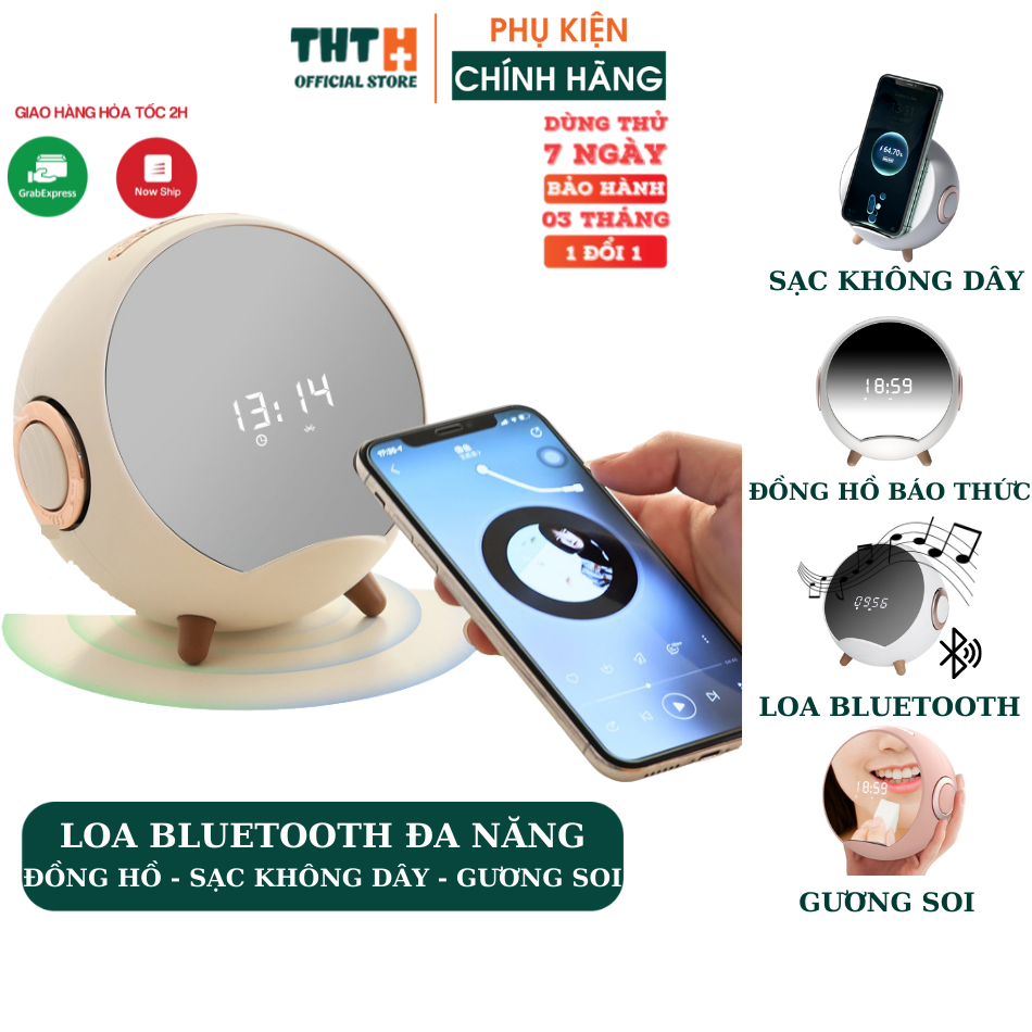 Loa bluetooth thông minh, Kiêm sạc không dây, Đồng hồ báo thức Mặt gương màn hình led đa chức năng THT