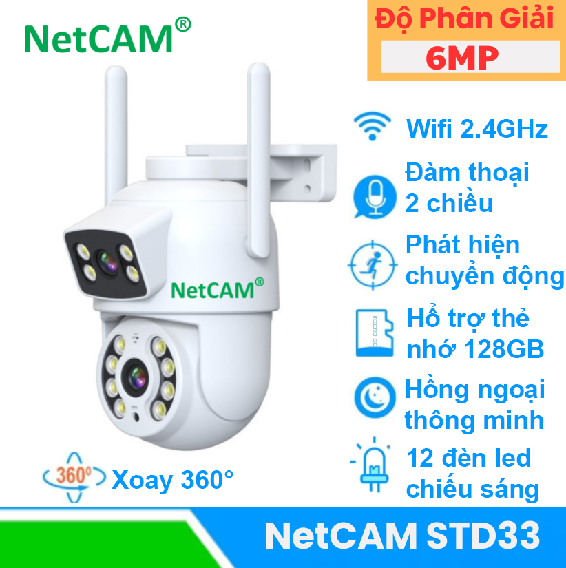 Camera WiFi Ngoài Trời NetCAM STA2.0 / STA3.0 / STA4.0 / NetCAM STD33 Ống Kính Kép (3MP + 3MP), Xoay 360 Độ, Đàm Thoại 2 Chiều, Theo Dõi Chuyển Động