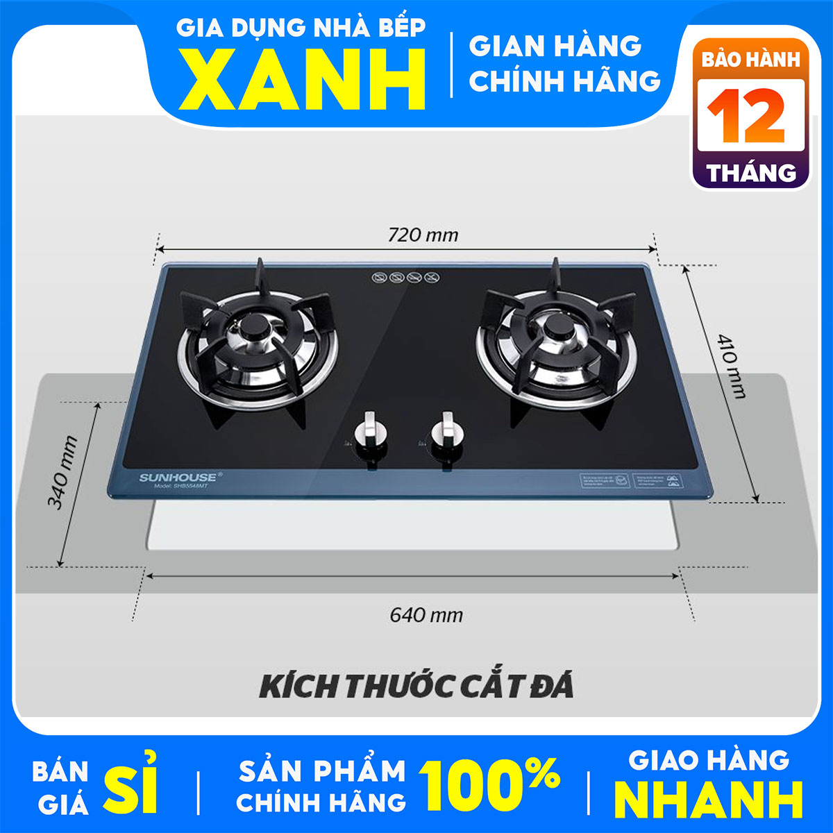 Bếp gas âm đôi Sunhouse SHB5548MT Mới 100%,+Tặng Dây gas,cổ dê,Đánh lửa IC nhạy,đầu đốt đồng thau-Bảo Hành 12 Tháng