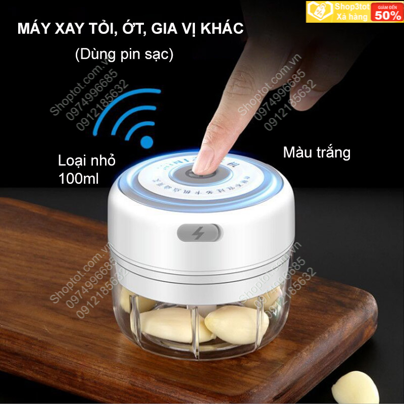 Máy xay tỏi, ớt, thịt, cá mini hay các đồ ăn dặm cho bé, sử dụng pin sạc gắn bên trong MXM100 (Hà Nội-hàng có sẵn)
