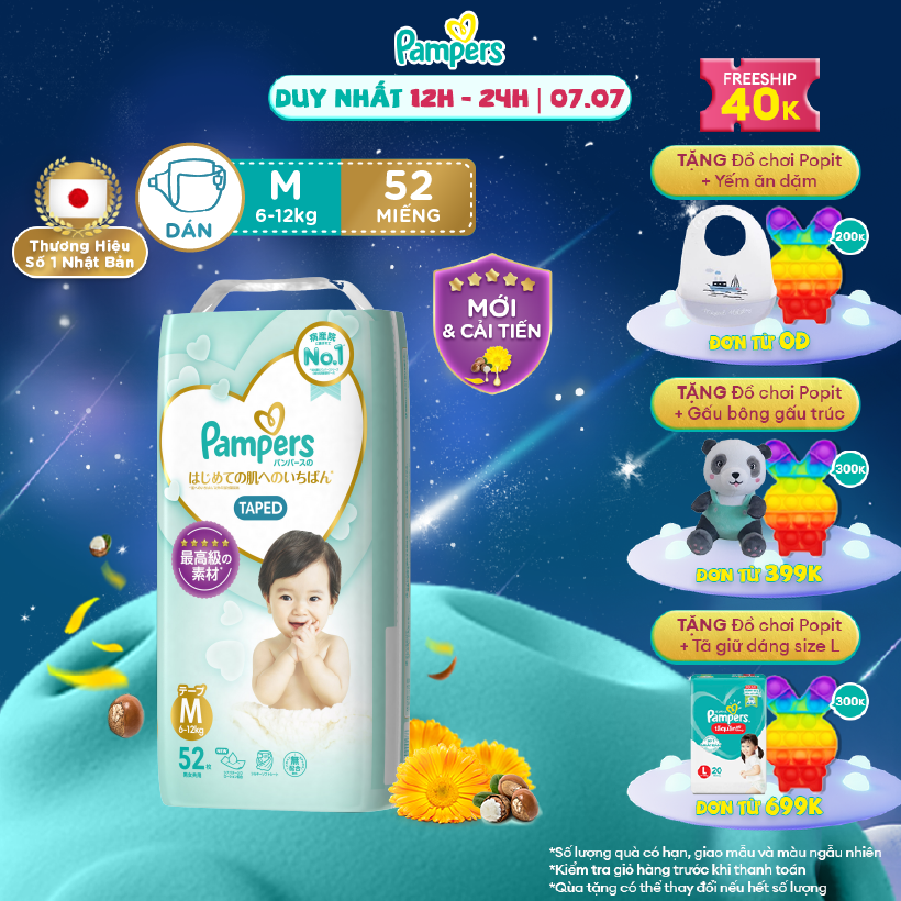 [7.7-9.7 MUA LÀ CÓ QUÀ] Tã/ Bỉm Dán PAMPERS Nhật Thượng Hạng Size M (52 miếng 6-12kg) Siêu Mềm Mịn & Thoáng Khí