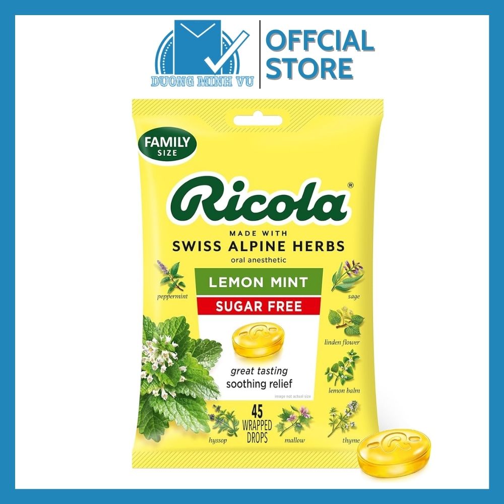 Kẹo thảo mộc Ricola Lemon Mint Sugar Free nhập khẩu USA 45 Wrapped Drops