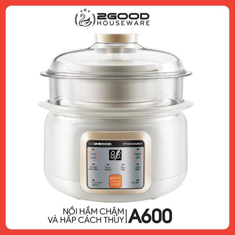 Nồi nấu cháo chậm, nồi ninh hầm cách thủy 2 tầng 2good a600 - hàng chính hãng
