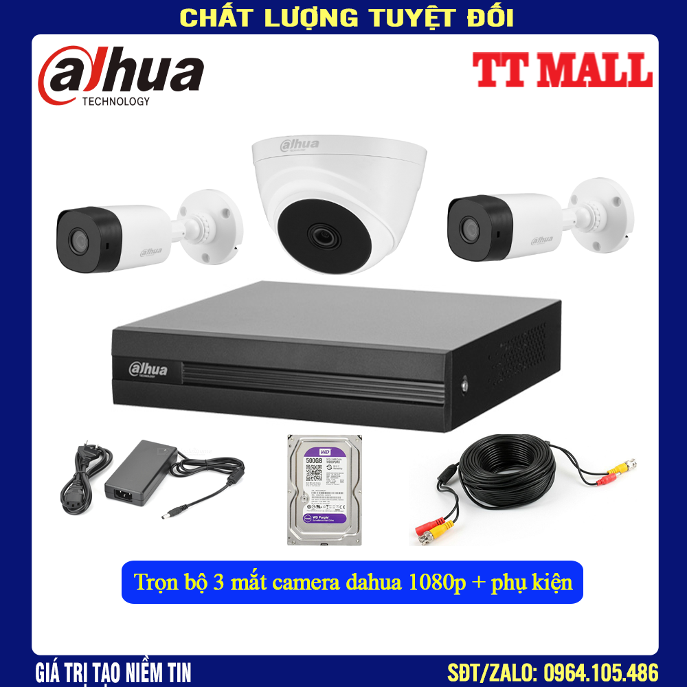 Trọn bộ 3 mắt camera Dahua 1080P Kèm ổ cứng full phụ kiện + 20m dây liền nguồn đúc sẵn 2 đầu cho mỗi mắt cam