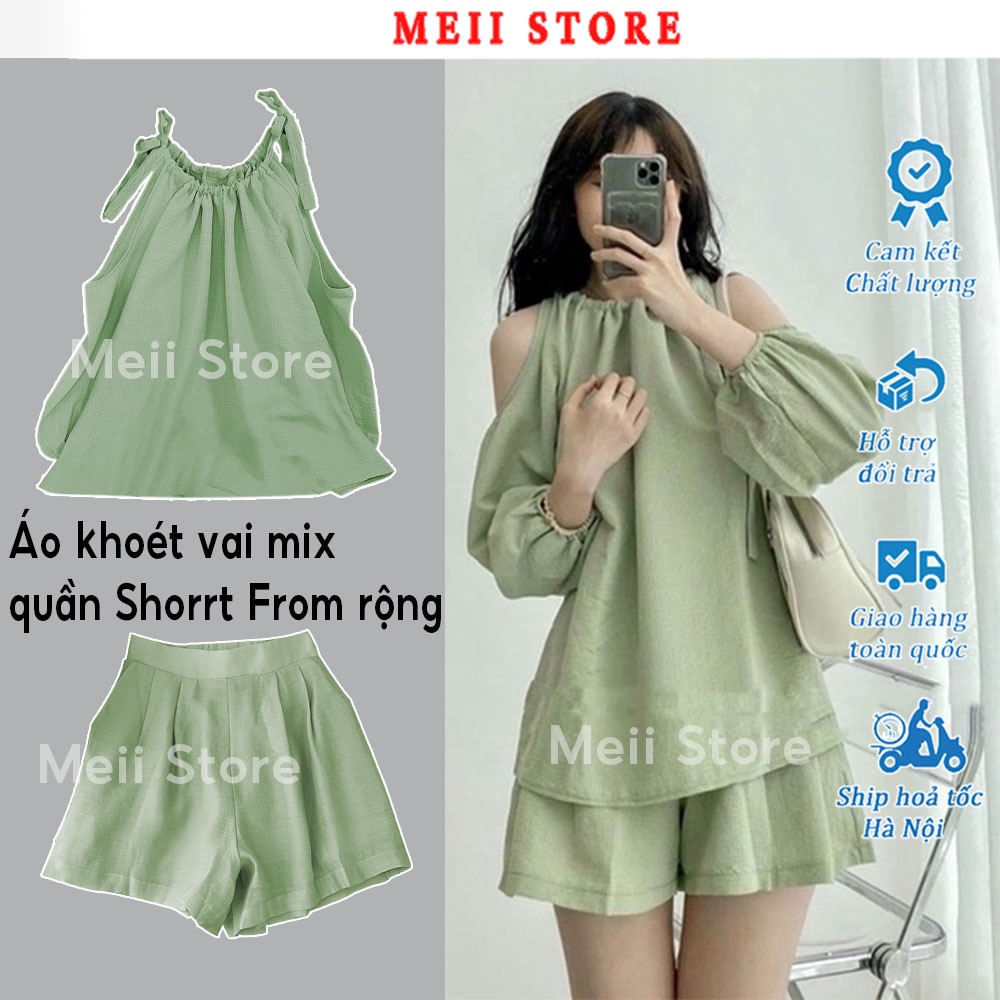 Set áo khoét vai buộc nơ phối quần sooc form rộng, bộ đồ chất đũi freesize siêu xinh meii