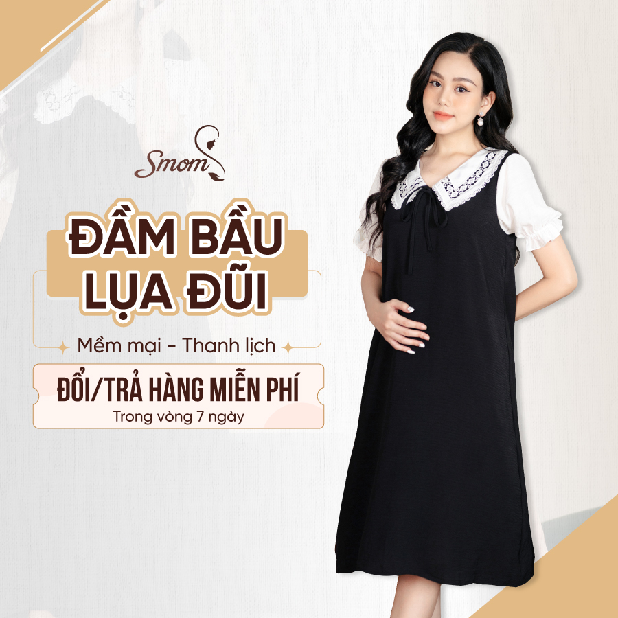 Váy bầu công sở thiết kế smom, đầm bầu cổ sơ mi lụa tằm mềm mát mã mm07