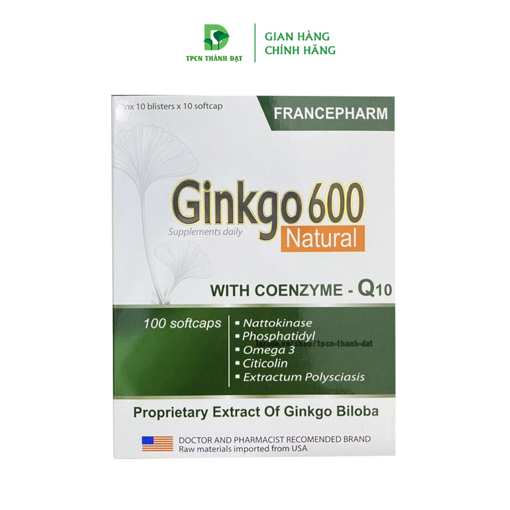 [Xanh rêu] Bổ não GINKGO 600 Citicolin hỗ trợ giúp tăng cường trí nhớ, giảm đau đầu, mất ngủ, chóng mặt - Hộp 100 viên