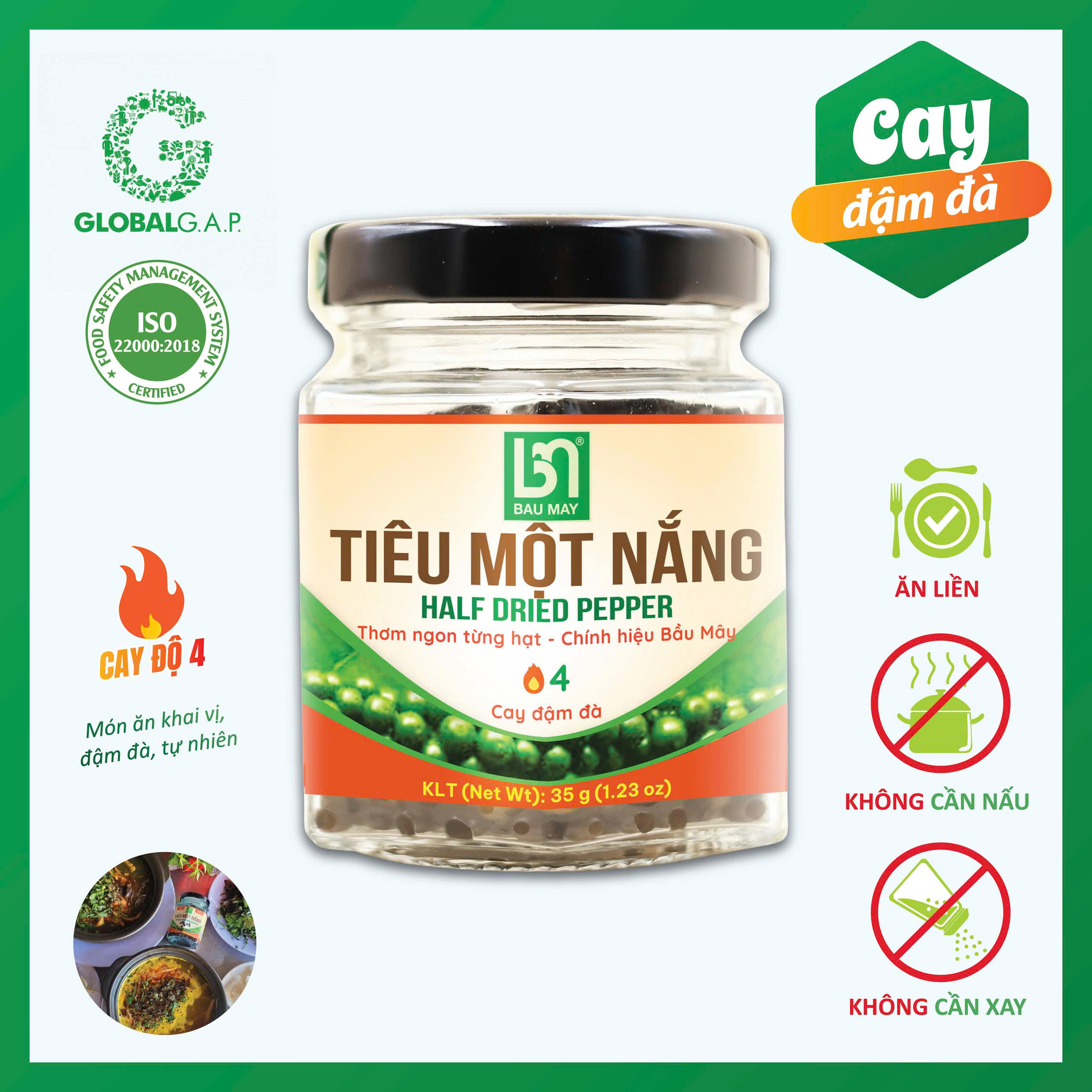 Tiêu Một Nắng Bầu Mây - Tiêu Ăn Liền - Cấp Độ Cay 4/6 - Hũ 35g - Hồ Tiêu Vùng Trồng Đạt GLOBALG.A.P.