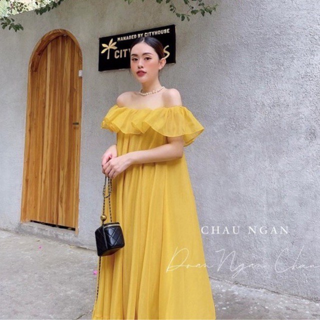 Váy Maxi Vàng Trễ Vai Dáng Suông Siêu Xinh Có Ảnh Thật Kèm | Lazada.vn