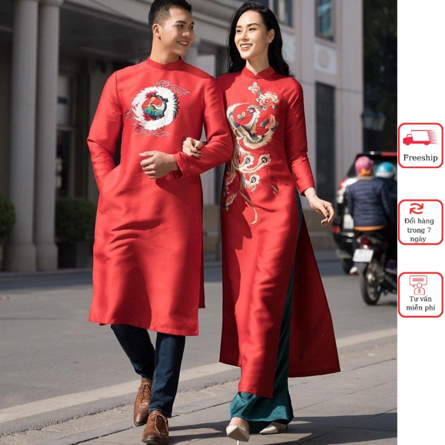 Áo dài nam nữ [𝐋𝐢𝐢𝐧] Áo dài cách tân thêu hoa văn thuần Việt chất liệu Tafta cao cấp GD02