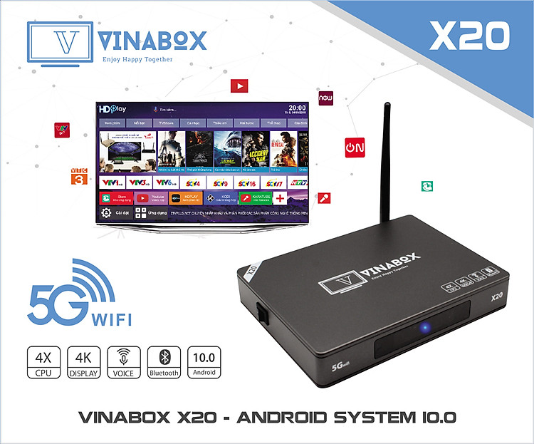 Android Tivi Box Vinabox X20 4G, 32G,Voice Bluetooth 4.0, Android 10, biến tivi thường thành tivi thông minh