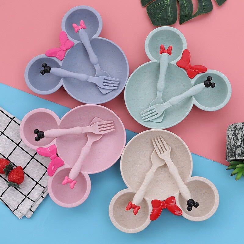 Bộ chén bát ăn dặm lúa mạch gồm đũa muỗng nĩa cho bé - tommy store sg