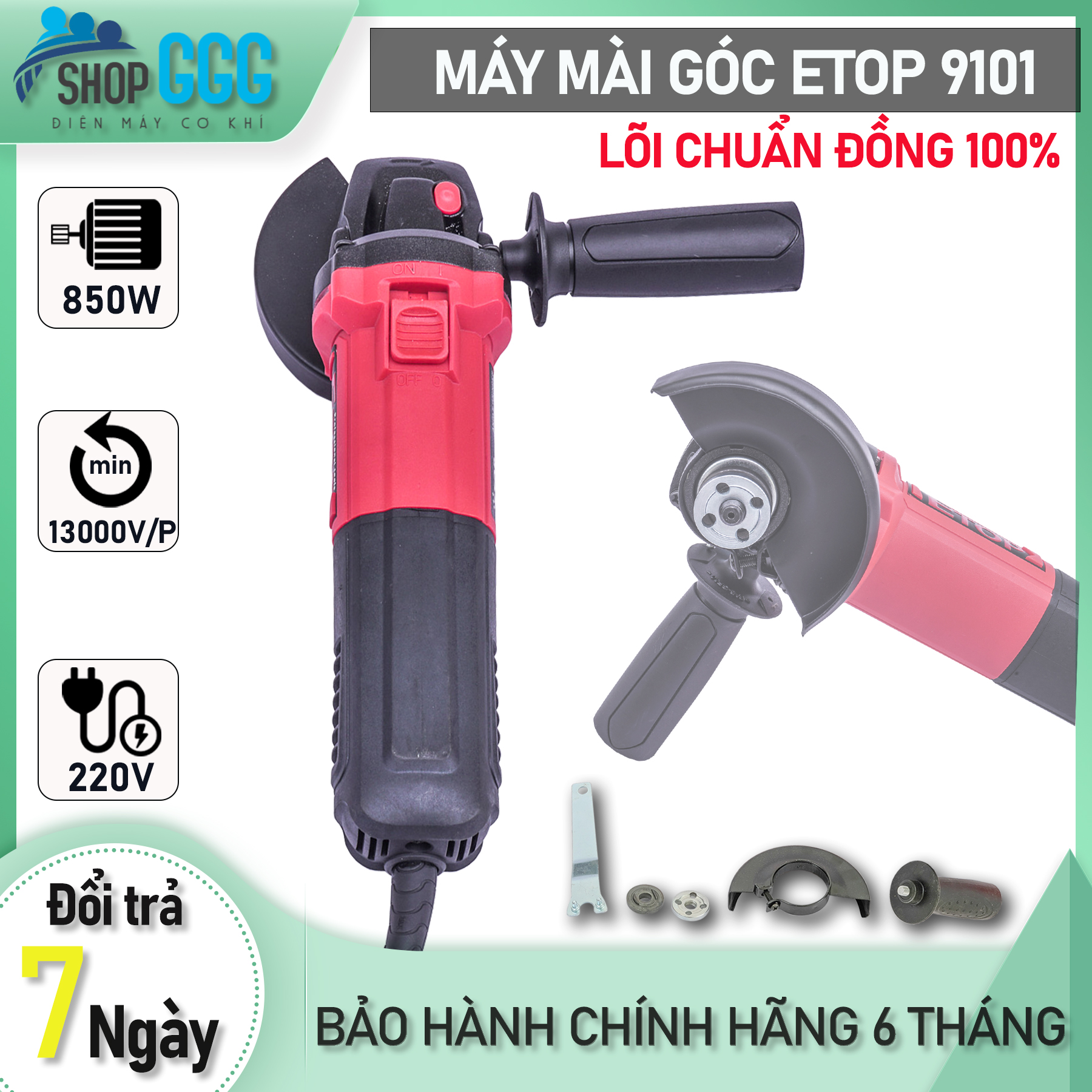 Máy mài góc, máy cắt sắt, cắt gạch, máy mài cầm tay đa năng Etop 9101 - Lõi đồng 100% công suất 850w