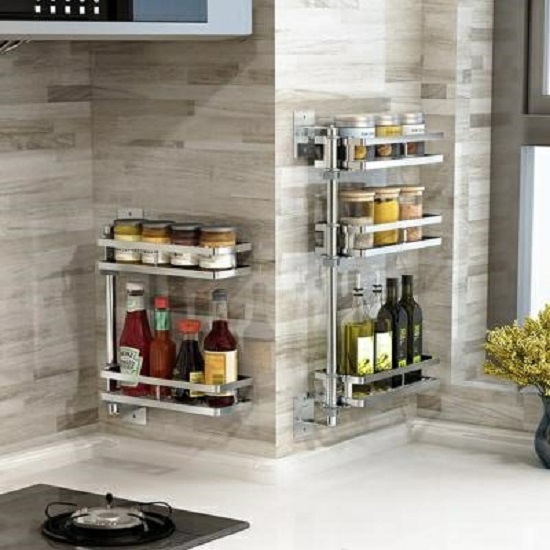 Kệ Đựng Gia Vị INOX SUS304, Giá để đồ phòng bếp xoay 180 độ lắp đặt dán tường hoặc khoan vít nở - KX304