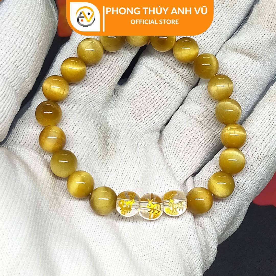 Vòng tay 12 con giáp tam hợp hợi mão mùi chất liệu mắt hổ vàng nâu tự nhiên - size 8 10 12ly cho người mệnh thổ, mệnh kim - có khai quang điểm nhãn may mắn tài lộc - PHONG THỦY ANH VŨ