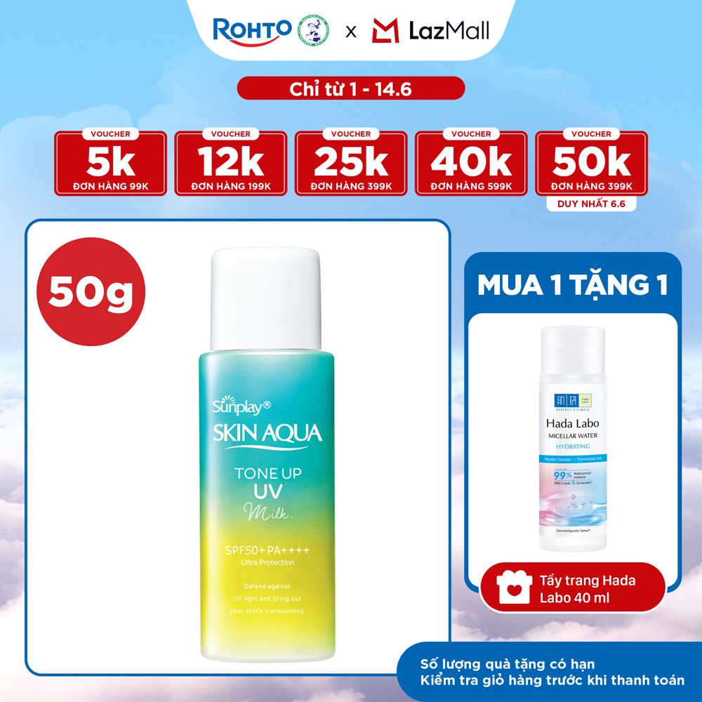 Kem chống nắng nâng tông Skin Aqua Tone up  Mint Green cho da trắng có khuyết điểm đỏ, dạng sữa Sunplay Skin Aqua Tone Up UV Milk Mint Green SPF 50+ PA++++ 50g
