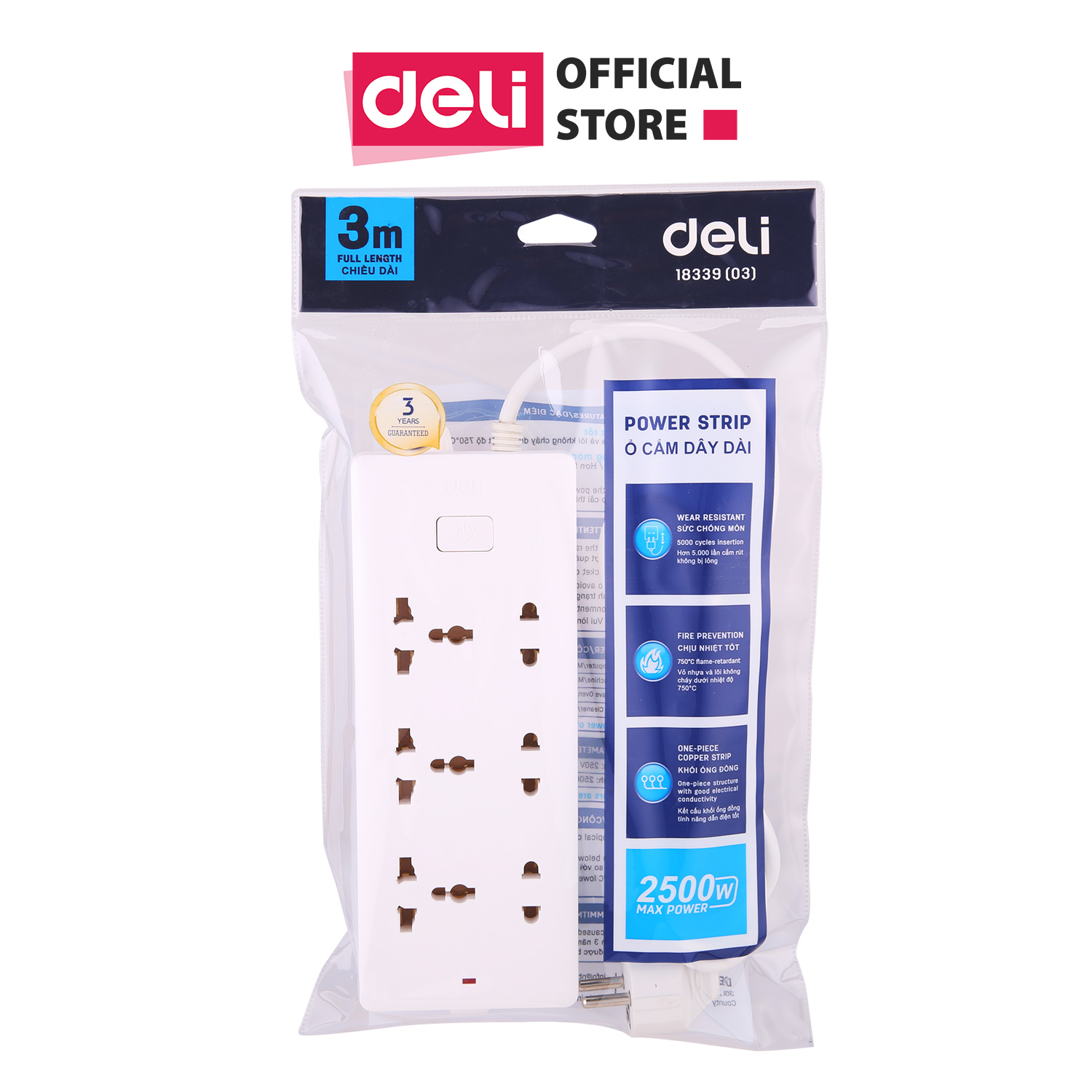 Ổ cắm điện đa năng chống giật đa năng deli - dây 2m/3m/5m - 1 chiếc - e18339-02/e18339-03/e18339-05