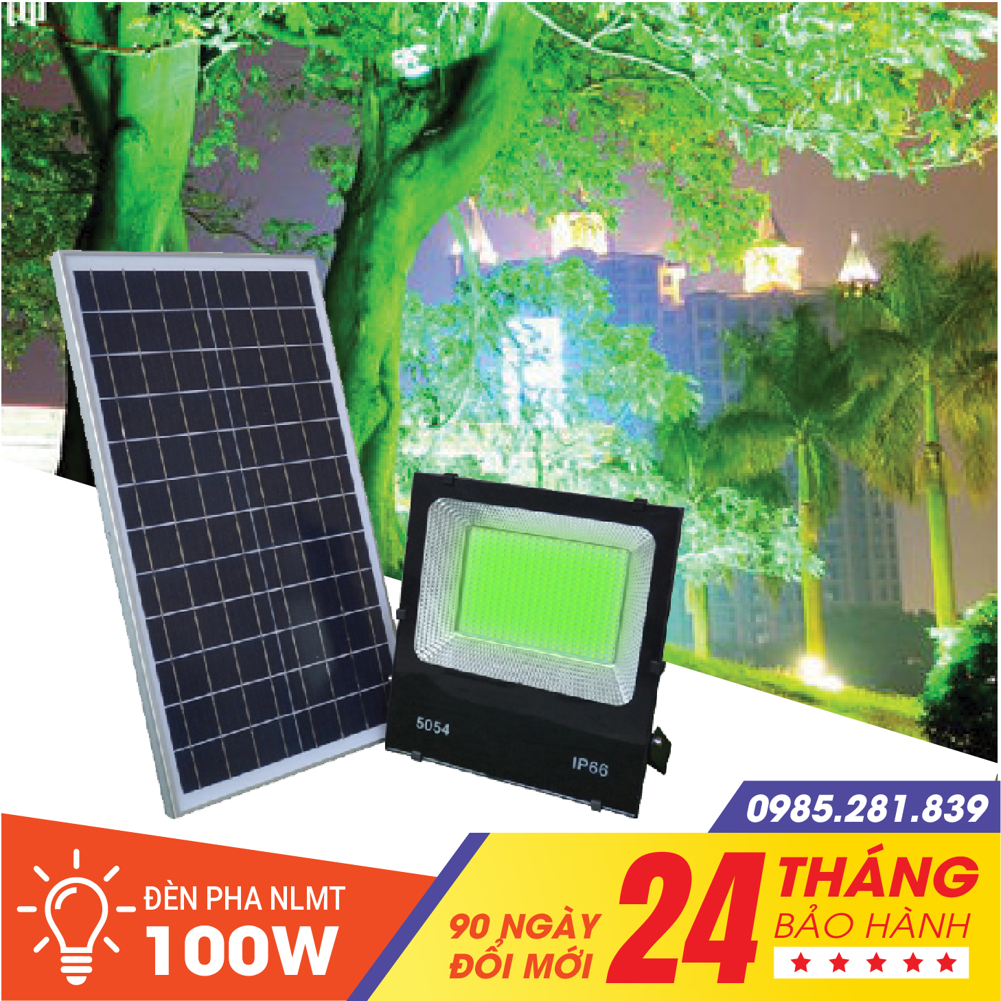 Đèn năng lượng mặt trời công suất 100 W ánh sáng xanh - trang trí sân vườn cafe
