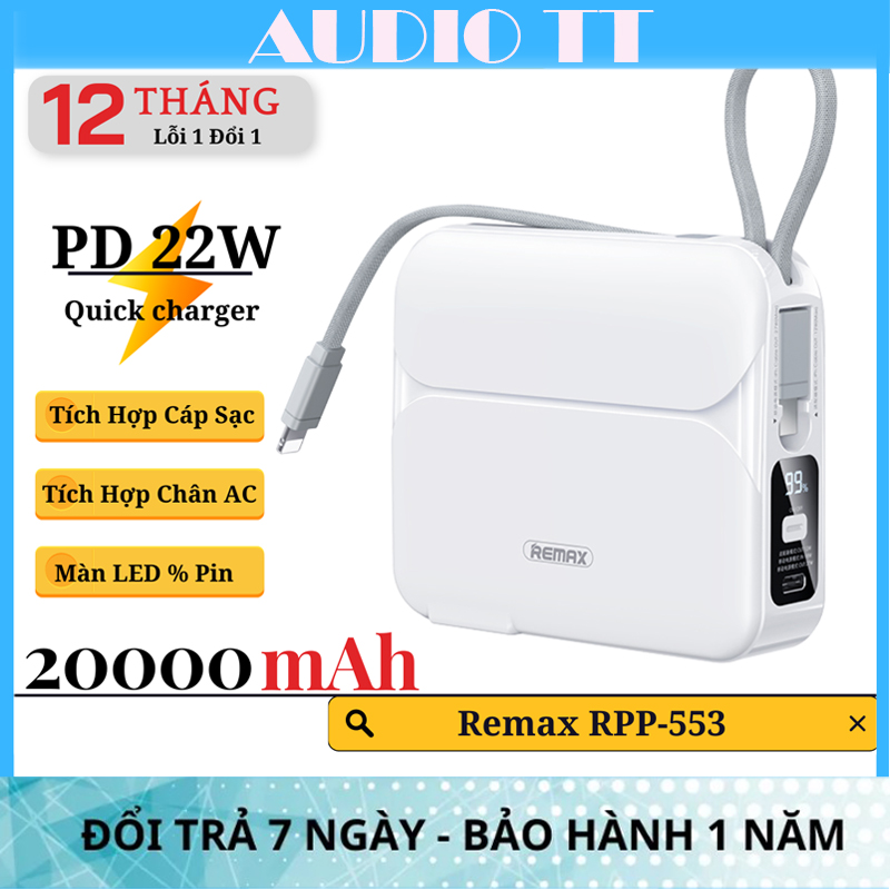 Củ sạc kiêm sạc dự phòng đa năng 3in1 20000mAh Remax RPP-553 Sản phẩm nhỏ gọn, dung lượng lớn 20.000mAh cùng khả năng sạc nhanh PD 27W mang lại nhiều tiện ích trong quá trình sử dụng.