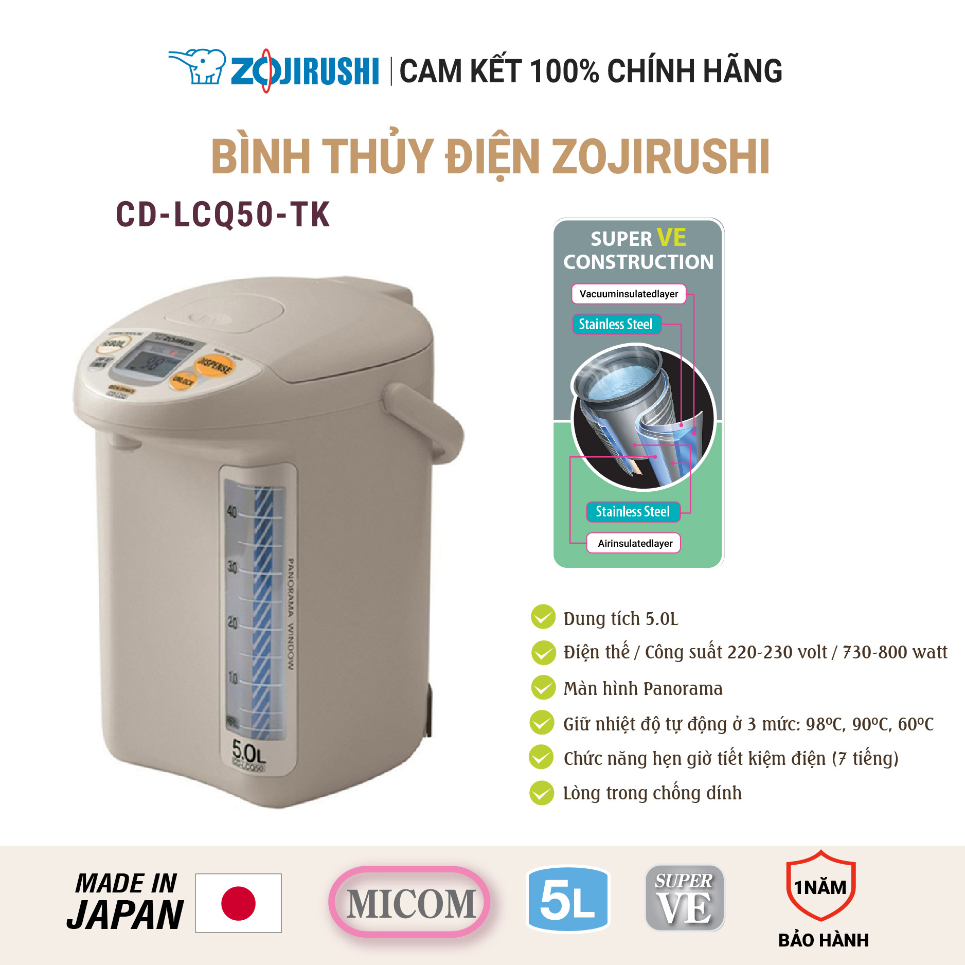 Bình thủy điện zojirushi 800w cd-lcq50-tk 5l, sản xuất tại nhật bản, bảo hành 1 năm chính hãng