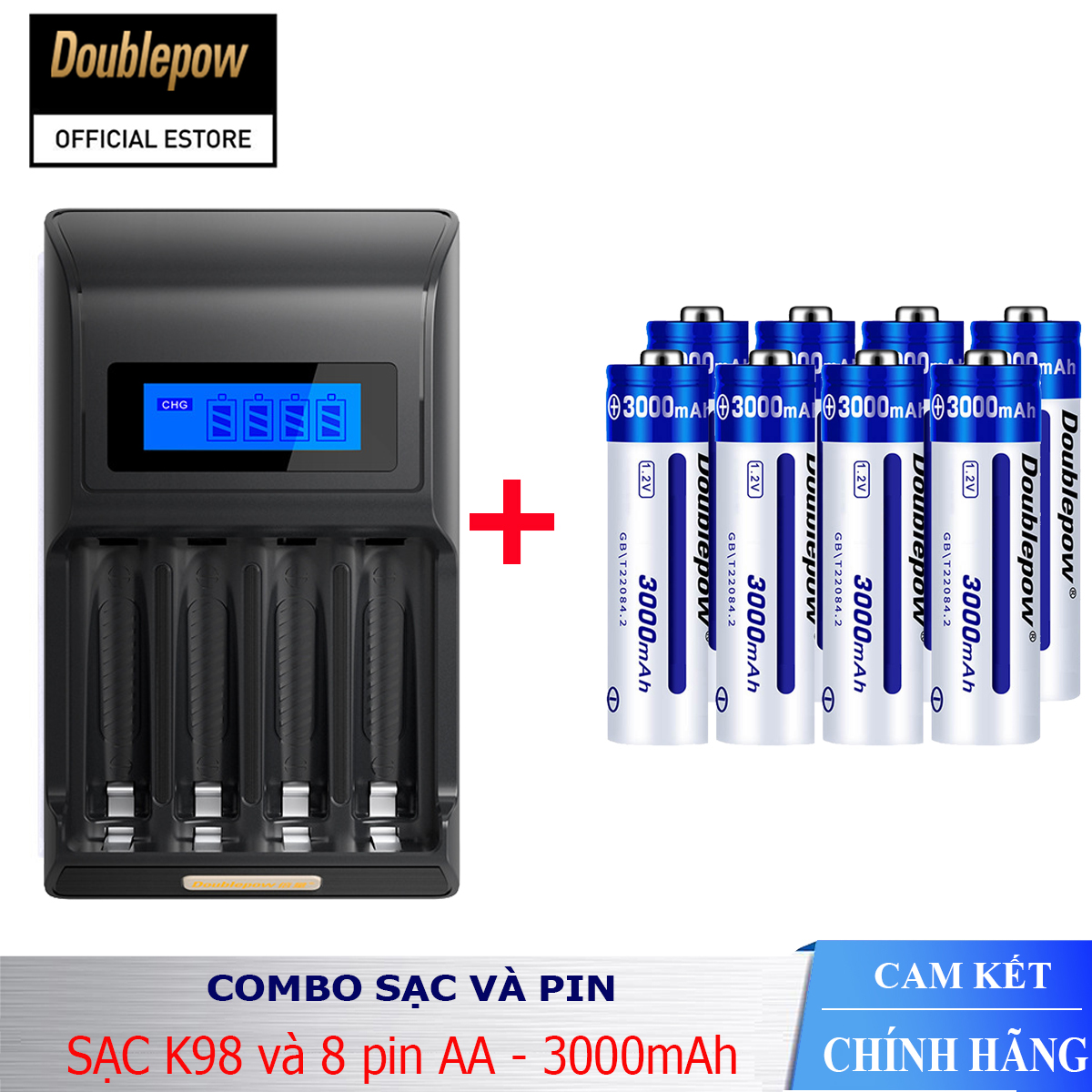 Combo sạc pin thông minh tự ngắt Doublepow DP-K98 và 8 viên pin AA 3000mAh (pin xanh - dung lượng thực)- Bảo hành chính hãng