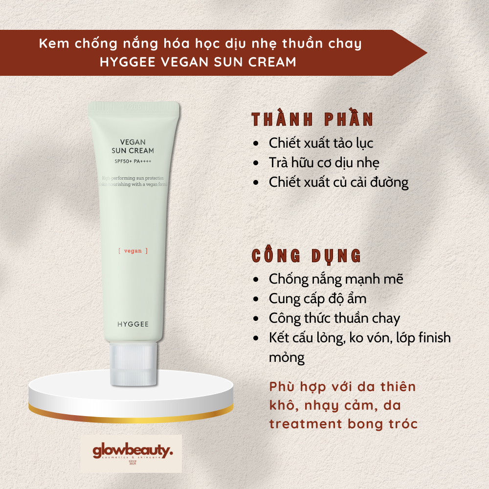 [Hàng có sẵn] Kem chống nắng hóa học dịu nhẹ thuần chay HYGGEE Vegan Sun Cream 50ml [GLOW BEAUTY]