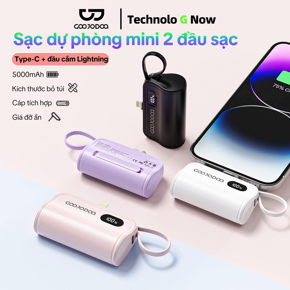  Sạc dự phòng di động GOOJODOQ 5000mAh Typc-C+ LN phích cắm đôi Giao diện kép Màn hình LED Power Bank 