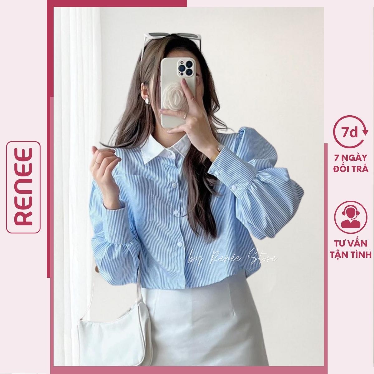 Áo sơ mi croptop nữ kẻ xanh pha cổ trắng tay dài chất xốp nhăn - AS17