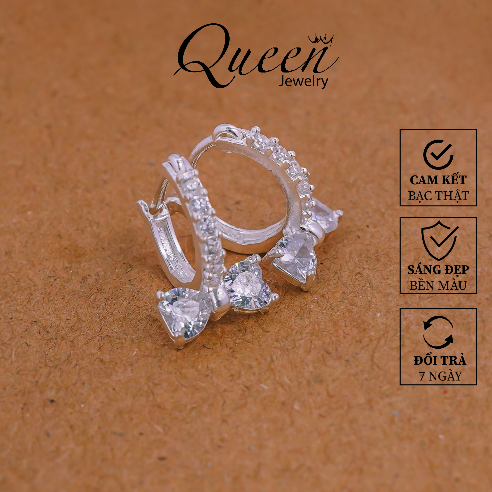 Bông tai nữ bạc thật gắn đá nơ nhỏ xinh xắn Khuyên tai tròn Queen Jewerly Cam kết chuẩn Bạc Ta sáng đẹp, bền màu không lo đen xỉn, giao hàng giống ảnh, đúng chất lượng
