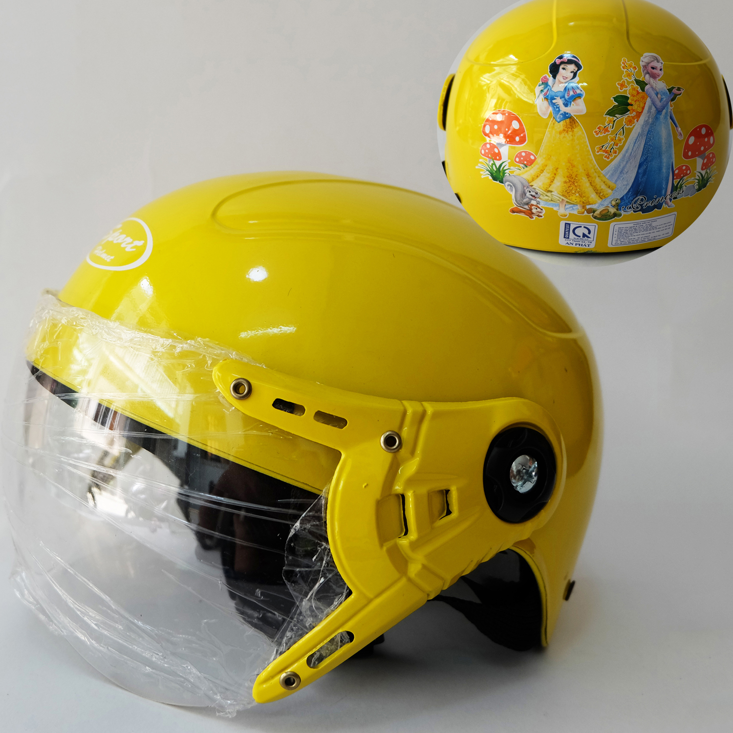 NÓN BẢO HIỂM TRẺ EM CÓ KÍNH,CHO BÉ 4-10 TUỔI,HÌNH CÔNG CHÚA,MÀU VÀNG,NHƯ HÌNH-ĐẠT CHUẨN CR