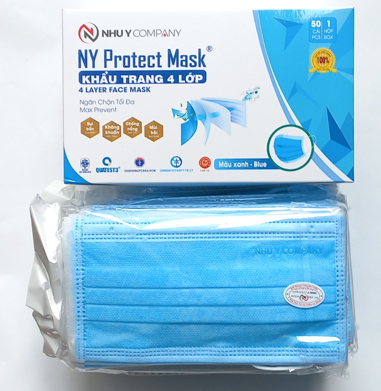 [50 cái màu xanh] Hộp khẩu trang y tế Như Ý 4 lớp kháng khuẩn chống thấm nước ngăn ngừa vi khuẩn