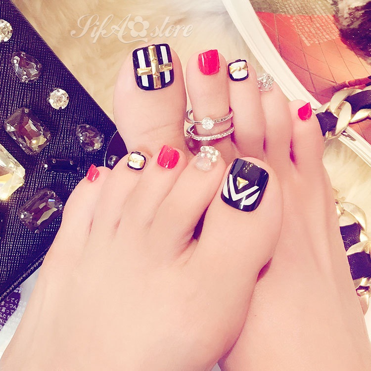 Bộ 24 Móng Chân Giả Họa Tiết Kẻ Sọc Đính Hạt J41