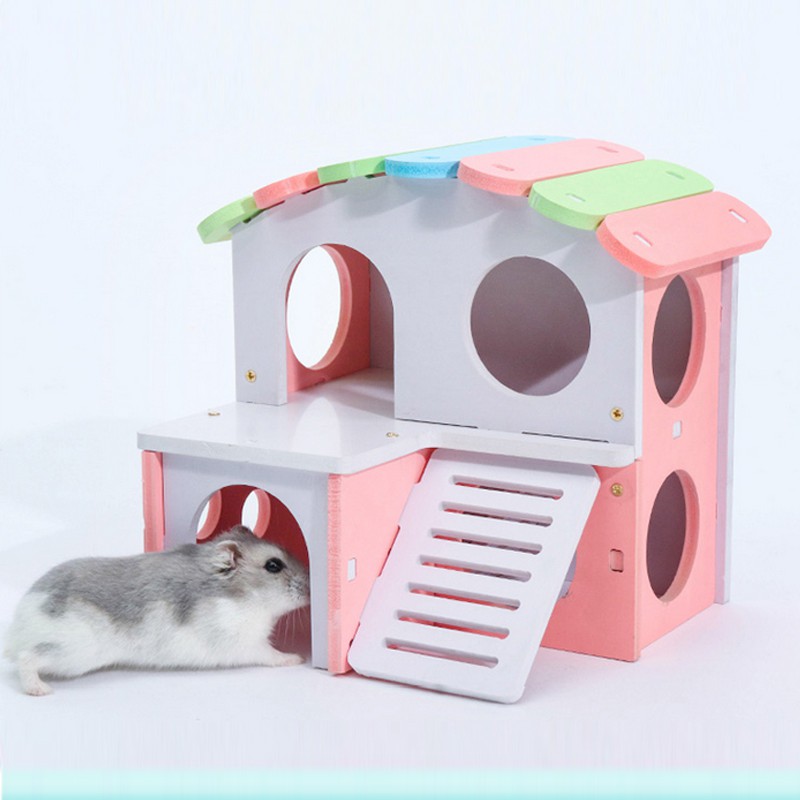 [Hoàn tiền 10%]Nhà ngủ gỗ cầu vồng 2 tầng cho Hamster