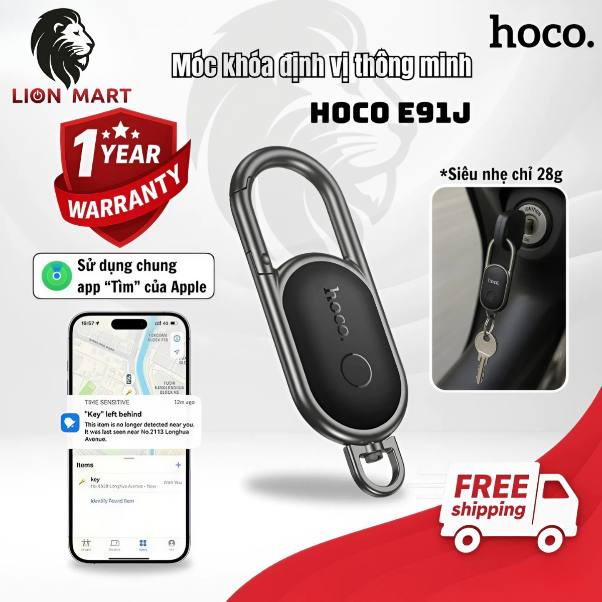 Móc khóa định vị thông minh Hoco E91J định vị chìa khóa, ví tiền, xe, không cần wifi bảo hành 1 năm