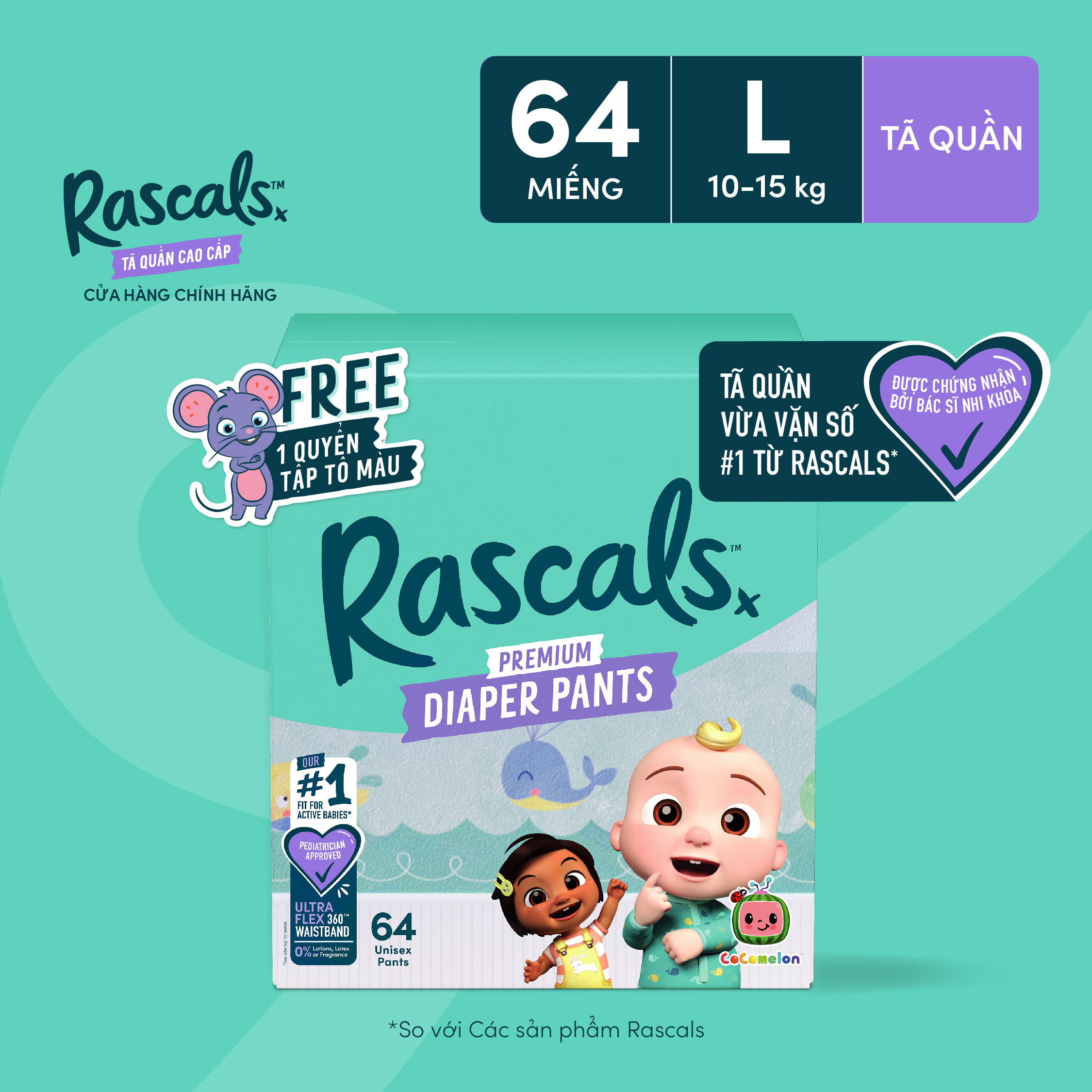Tã/Bỉm Quần Rascal + Friends Cocomelon Size L (10-15kg) 64 miếng - Kèm sticker ngẫu nhiên