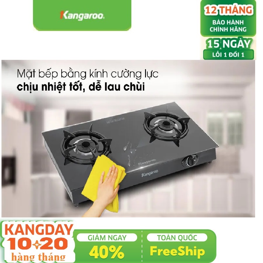 Bếp gas đôi dương kính Kangaroo KG8G1A - Hệ thống đánh lửa Magneto độ bền cao,Kiềng bếp 5 chân siêu bền- Bảo hành chính hãng 12th.